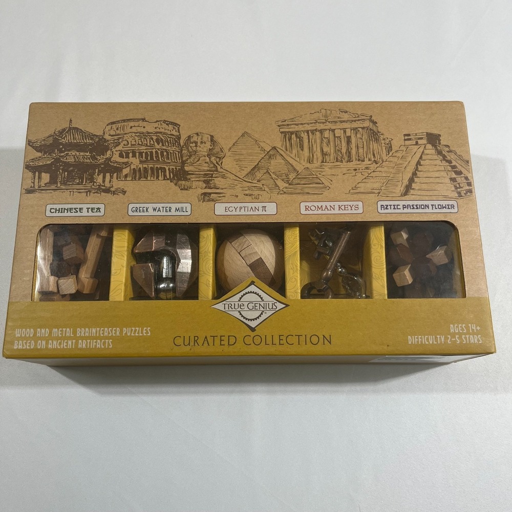 True Genius Curated Collection Brainteaser Puzzles Wood Metal Ancient NIB